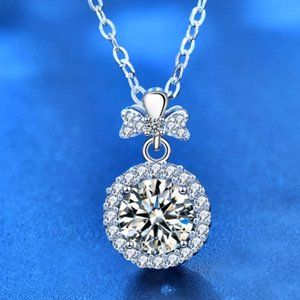 Certified 1ct. t.w. Moissanite Diamond Round Halo Bow Knot Pendant Necklace NEW